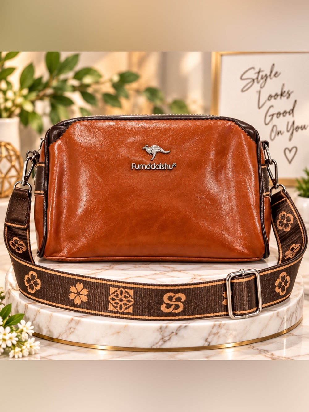 Men's Brown Leather Messenger Bag with Patterned Strap